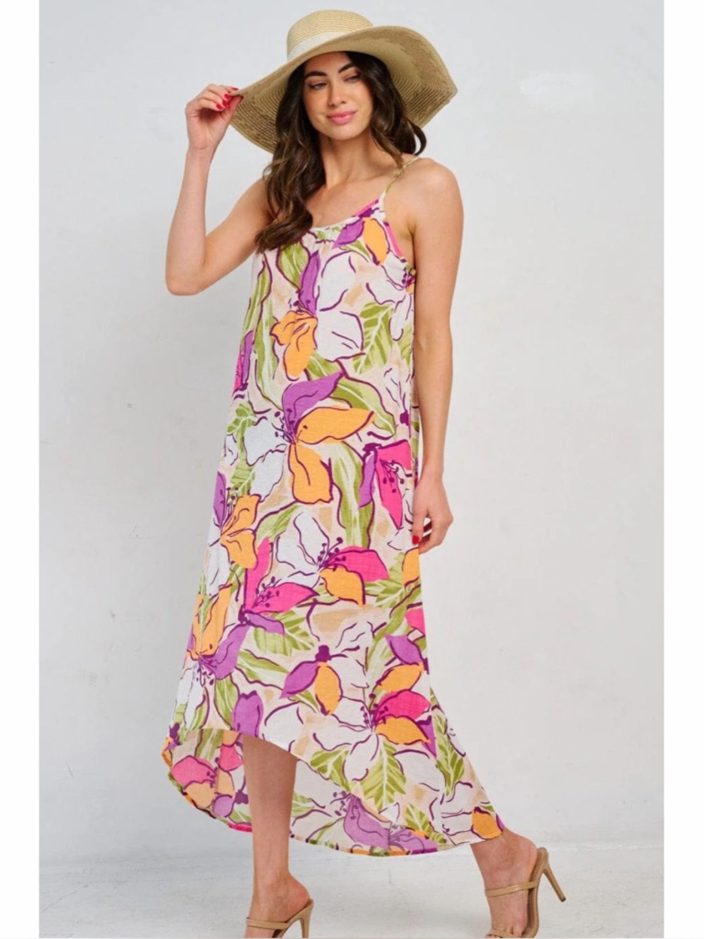 Vibrant Floral Pattern Spaghetti Strap Hi - Lo Sundress!